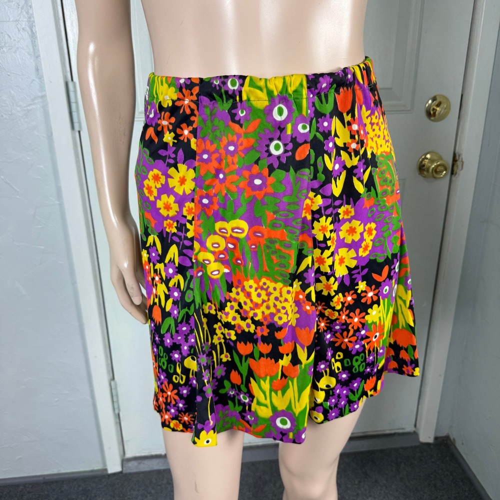 Vintage 70s Polyester Knit Mini Dress Party Skirt Top Set Floral Vibrant H3-18 - Picture 7 of 7